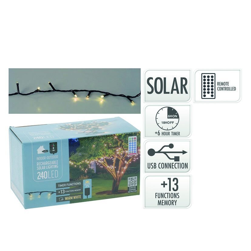 Guirnalda solar LED 240 luces 10m Tono luz Blanco cálido