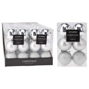 Juego 6 bolas Navidad 8 cm acabados surtidos Color Plata