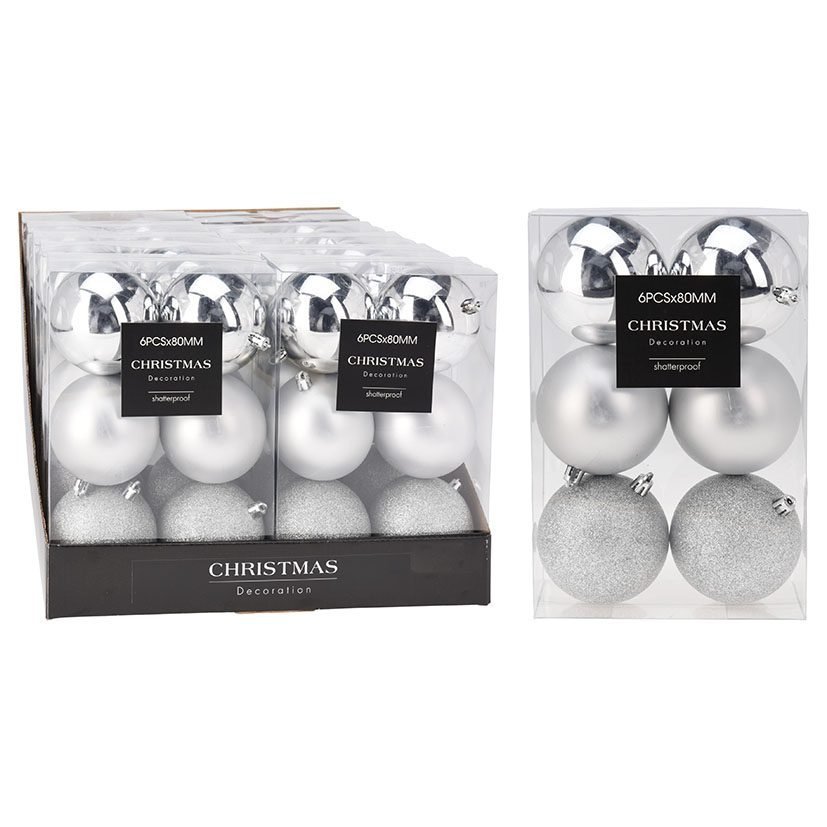Juego 6 bolas Navidad 8 cm acabados surtidos Color Plata