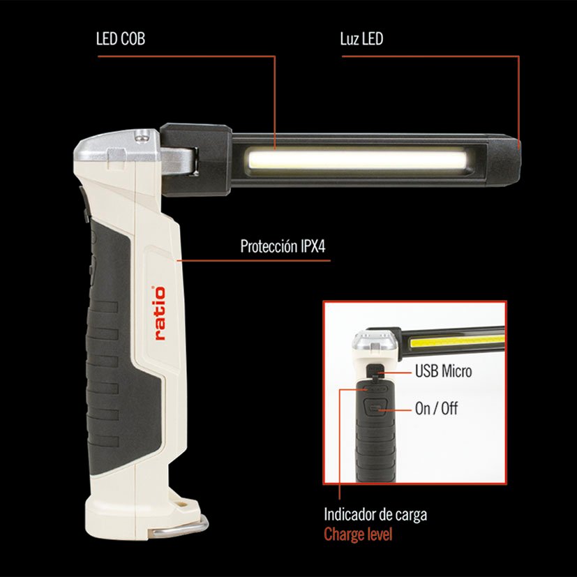 Linterna LED COB 550 LM Recargable RATIO 33X270X45 Mm 33X151X45 Mm - Imagen 2