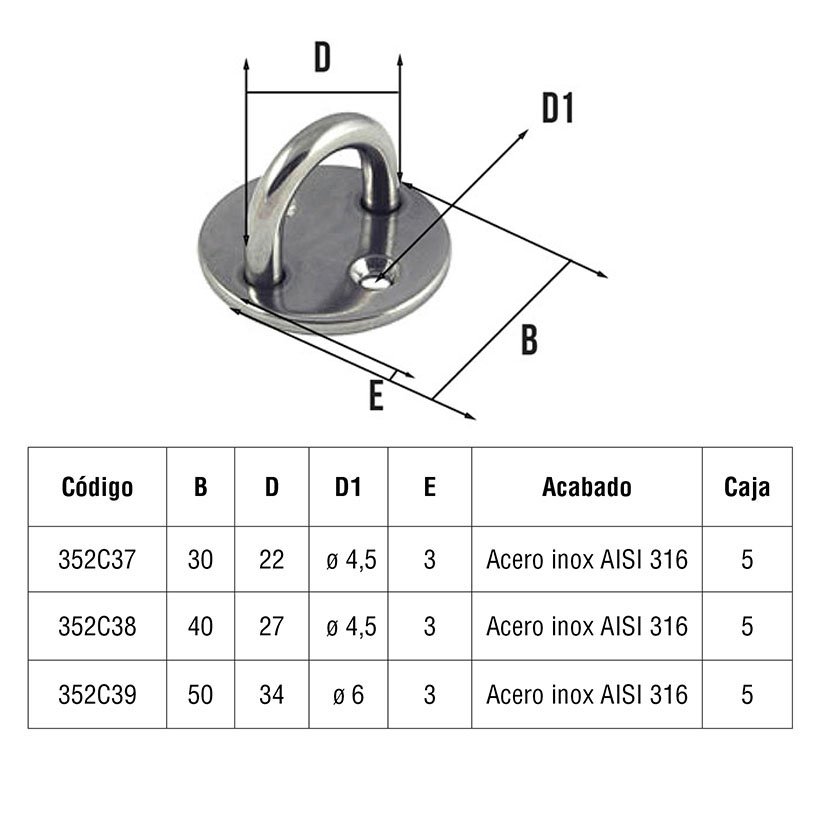 PLACA Amarre Redonda INOX 50X34 Mm cuerda - Imagen 2