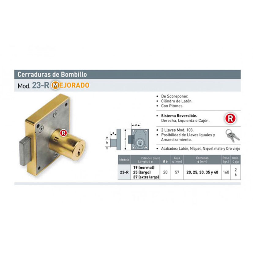 Cerradura N 23R DE 30 MM Latonada Urko 19 Mm latón - Imagen 2