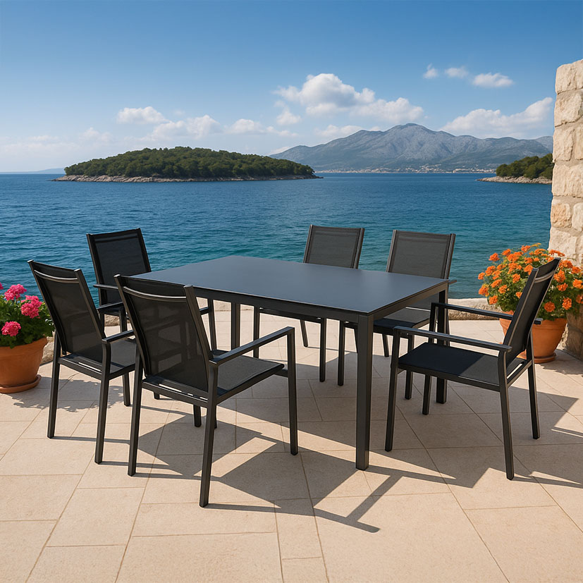 Conjunto Comedor Terraza 7 PCS 152X90X74 Cm 56X59X92 Cm mueble metal + Brasero exterior de regalo - Imagen 3