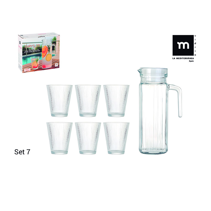 Jarra Vidrio 1 Litro 6 Vasos Chrysler Jarra 1 Litro (Altura 24.3 Cm Ancho 8.8 Cm). 758 G.6 Vasos de 245 Ml. (Ø9.5 X