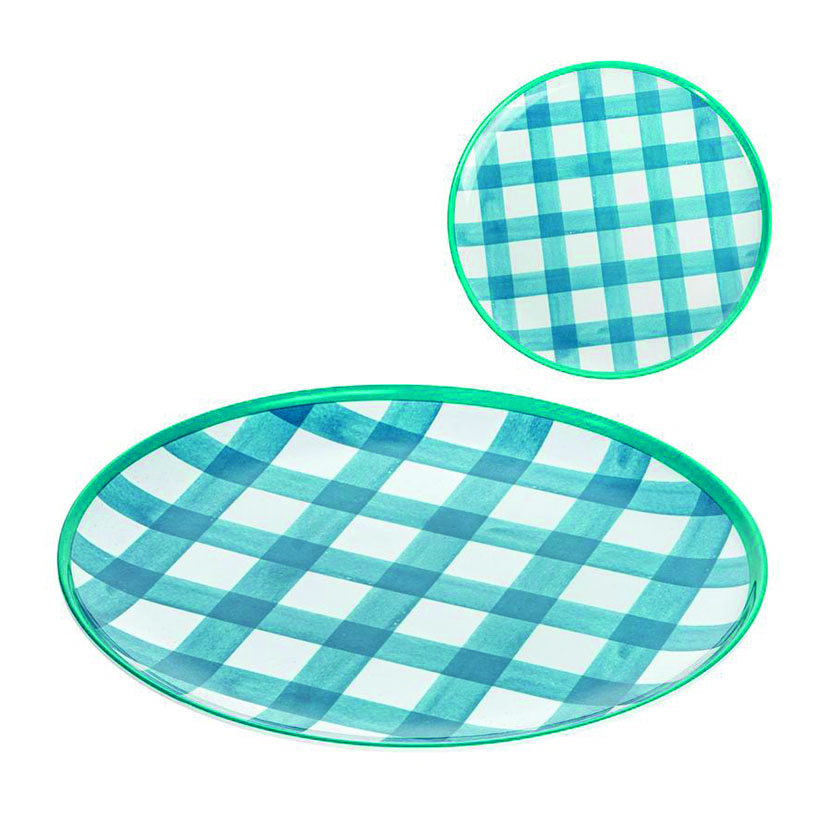 Plato Plano Melamina Vichy Azul 28 Cm 1.5 Cm